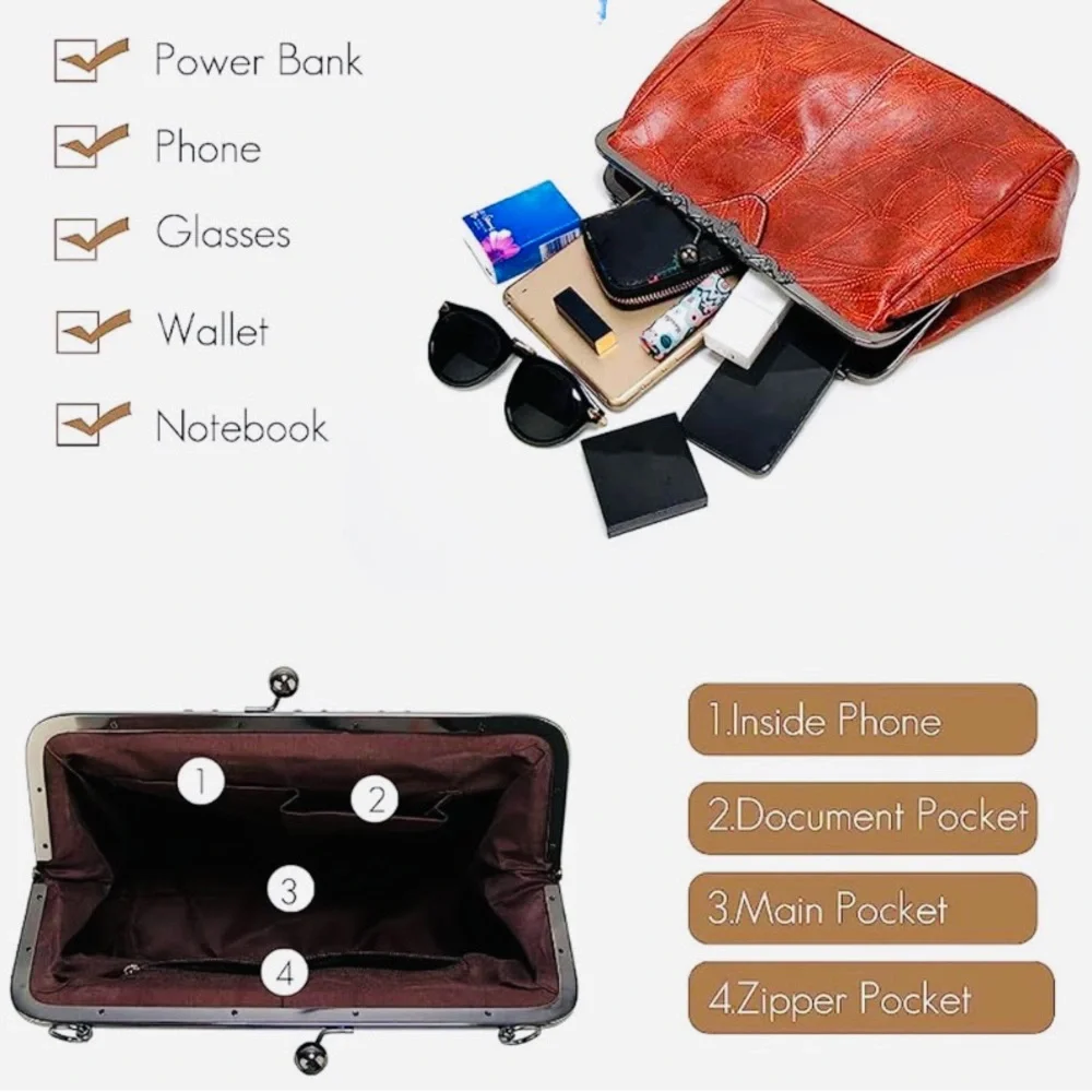 Bykoine Retro Hollow Oil Wax PU Leather Handbag with Kisslock EUC - Picture 7 of 8